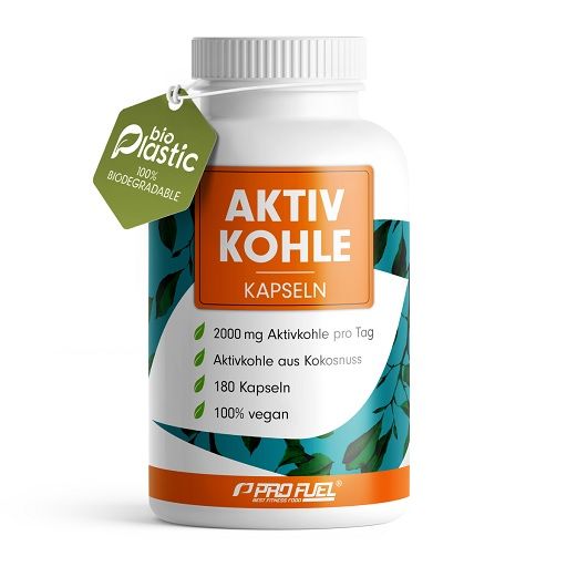 Weiße Flasche mit "AKTIV KOHLE Kapseln"-Etikett. Grün-weißes Etikett mit "bio plastic".