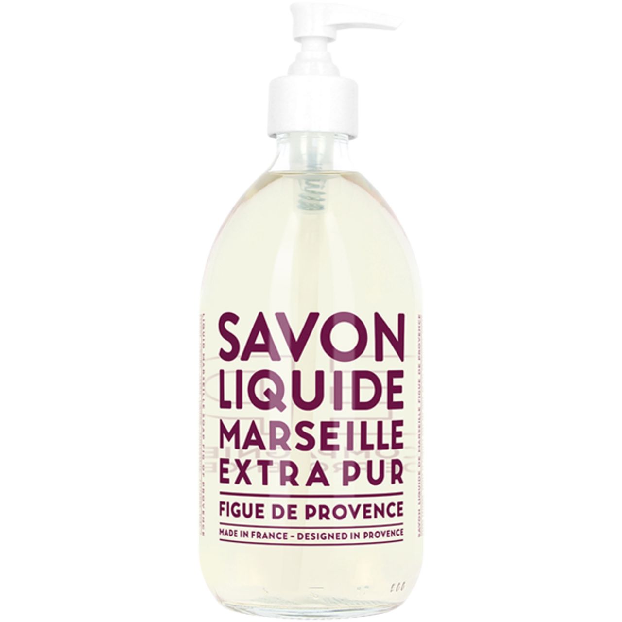 Flüssige Marseille-Seife, durchsichtige Flasche mit Pumpe. Aufschrift: Savon Liquide Marseille Extra Pur Figuier de Provence.