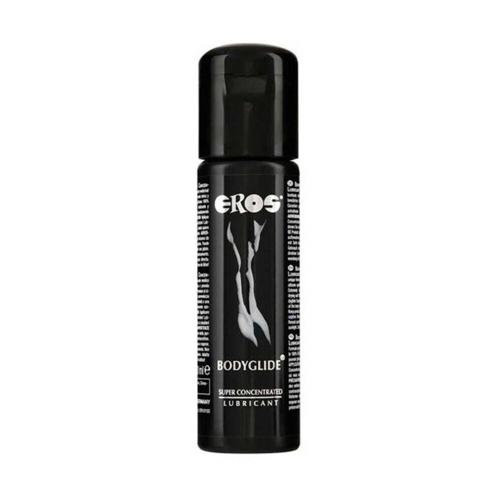 Schwarze Flasche mit schwarzem Deckel. Aufschrift EROS, BODYGLIDE, SUPER CONCENTRATED LUBRICANT. Weiße Abbildung einer Frau.