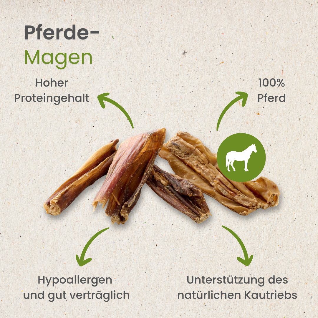 Getrocknete Pferde-Mägen als Hundekauartikel, hoher Proteingehalt, 100% Pferd, hypoallergen.