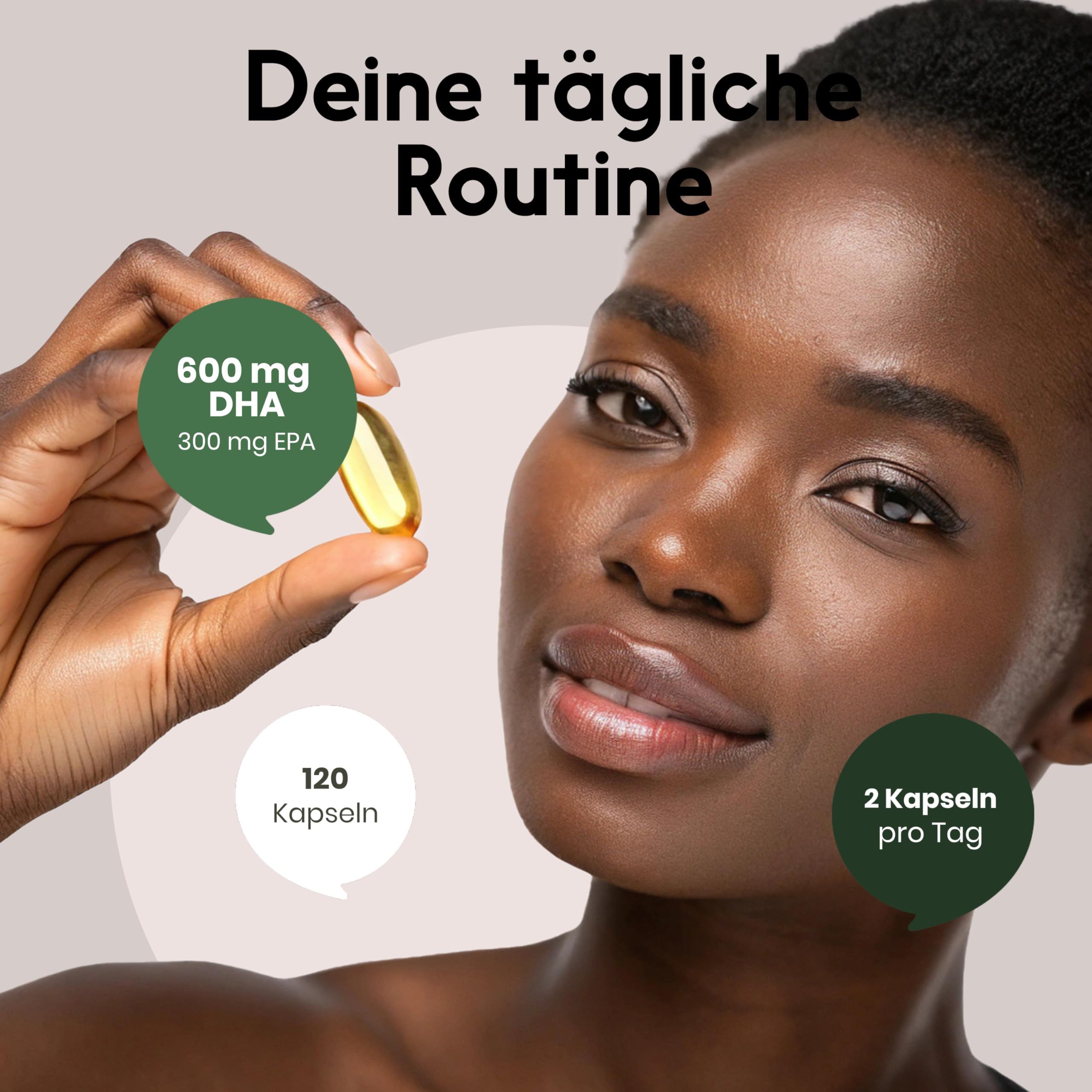 Frau hält Kapsel. Text: 600 mg DHA, 300 mg EPA, 120 Kapseln, 2 Kapseln pro Tag.