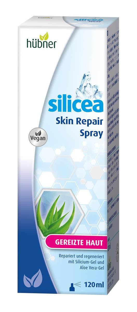 Hübner Silicea Skin Repair Spray. Weiße Verpackung mit Produktnamen und Logo. Vegan-Siegel. 120 ml.
