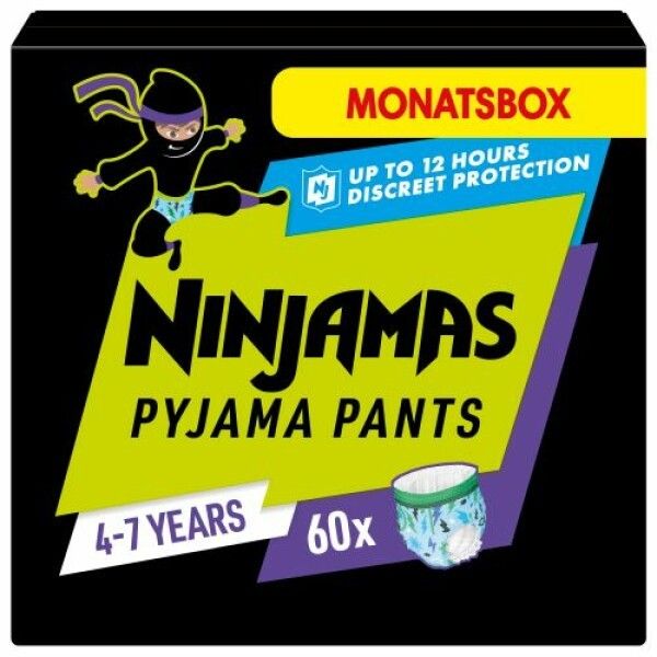 Schwarzer Karton mit Ninjamas Pyjama Pants. Enthält 60 Stück für 4-7 Jährige. Aufdruck: Ninja-Figur, "Monatsbox", "bis zu 12 Stunden diskreter Schutz".