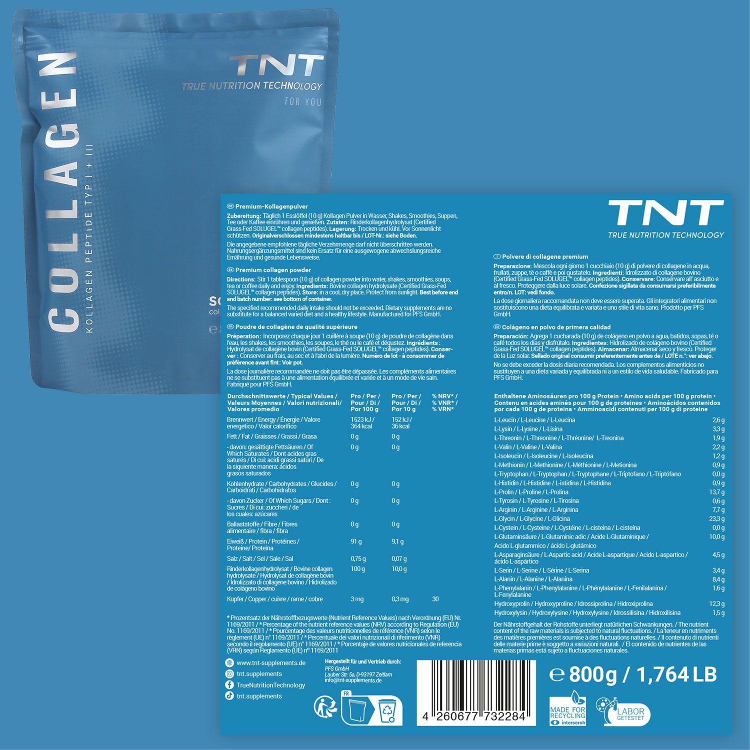 Produktbeutel und Rückseite mit Nährwertangaben. Text: "TNT", "COLLAGEN", "800 g / 1,764 LB".