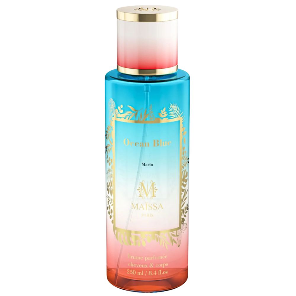 Blau-rosa Flasche mit goldfarbenen Details. Aufschrift "Ocean Blue" und "Maïssa Paris".