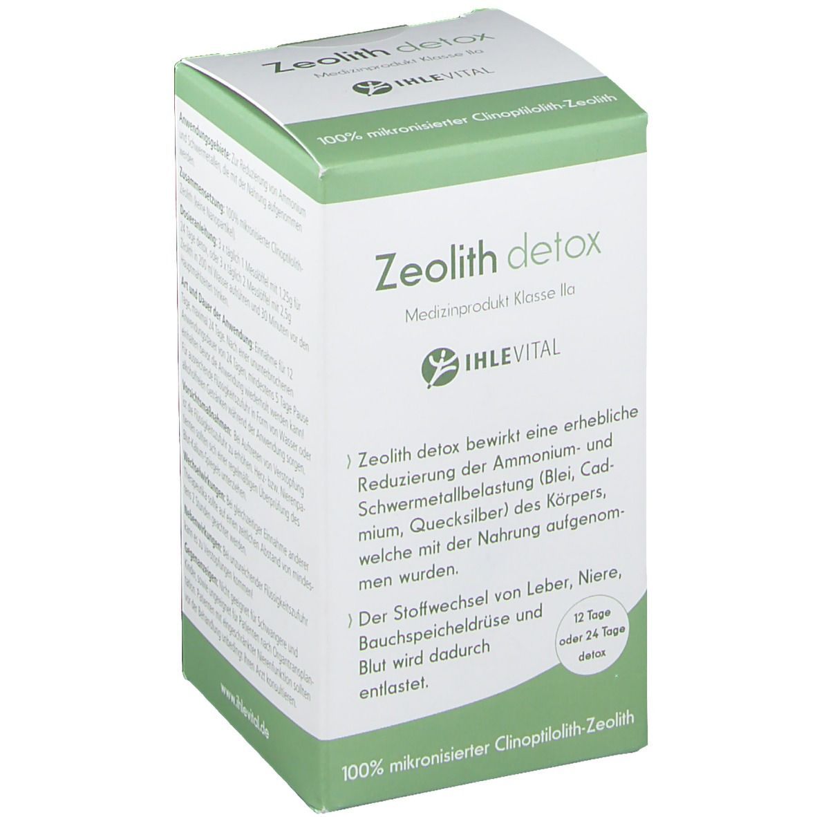 Produktverpackung, weiß mit grünen Akzenten. Aufschrift: Zeolith detox, IHLEVITAL Logo. Text über Inhaltsstoffe und Wirkung.