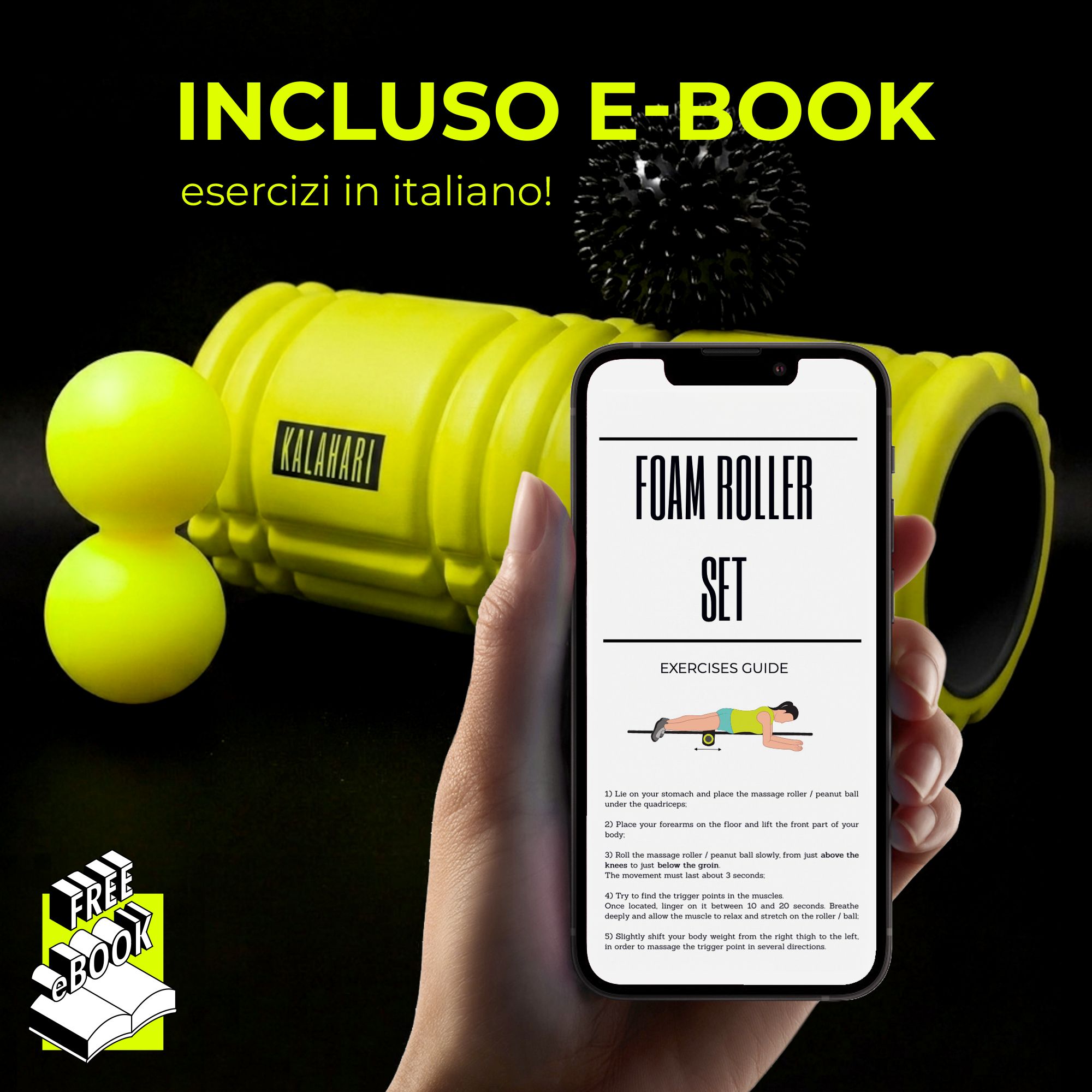 Faszienrolle Set mit E-Book auf einem Smartphone. Gelbe Rolle, Igelball, Duoball.