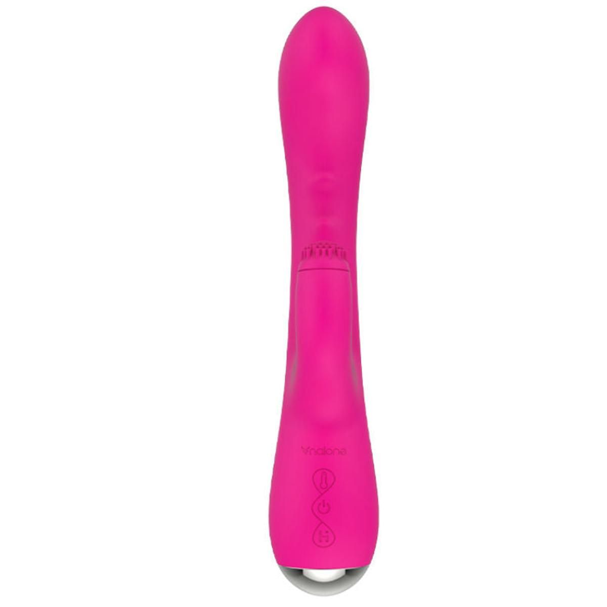 Pinkfarbener Vibrator mit länglicher Form. Auf der Oberfläche befinden sich Knöpfe und ein Logo.