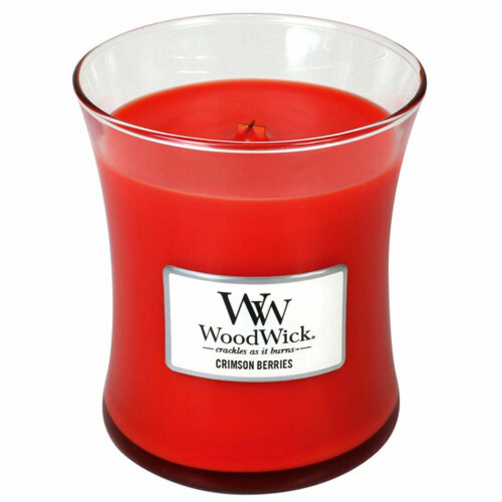 Rote Kerze in Sanduhrform. Weißes Etikett mit WoodWick-Logo und 'Crimson Berries'.
