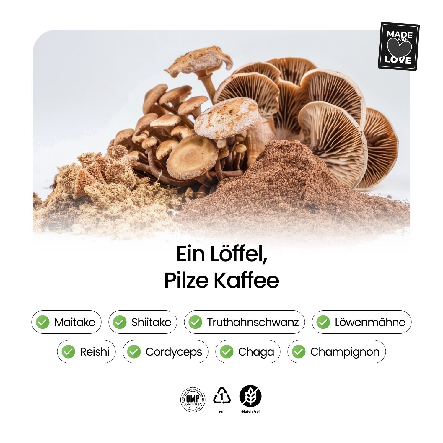 Pilze und Pilzpulver. Check-Symbole für Maitake, Shiitake, Truthahnschwanz, Löwenmähne, Reishi, Cordyceps, Chaga, Champignon.