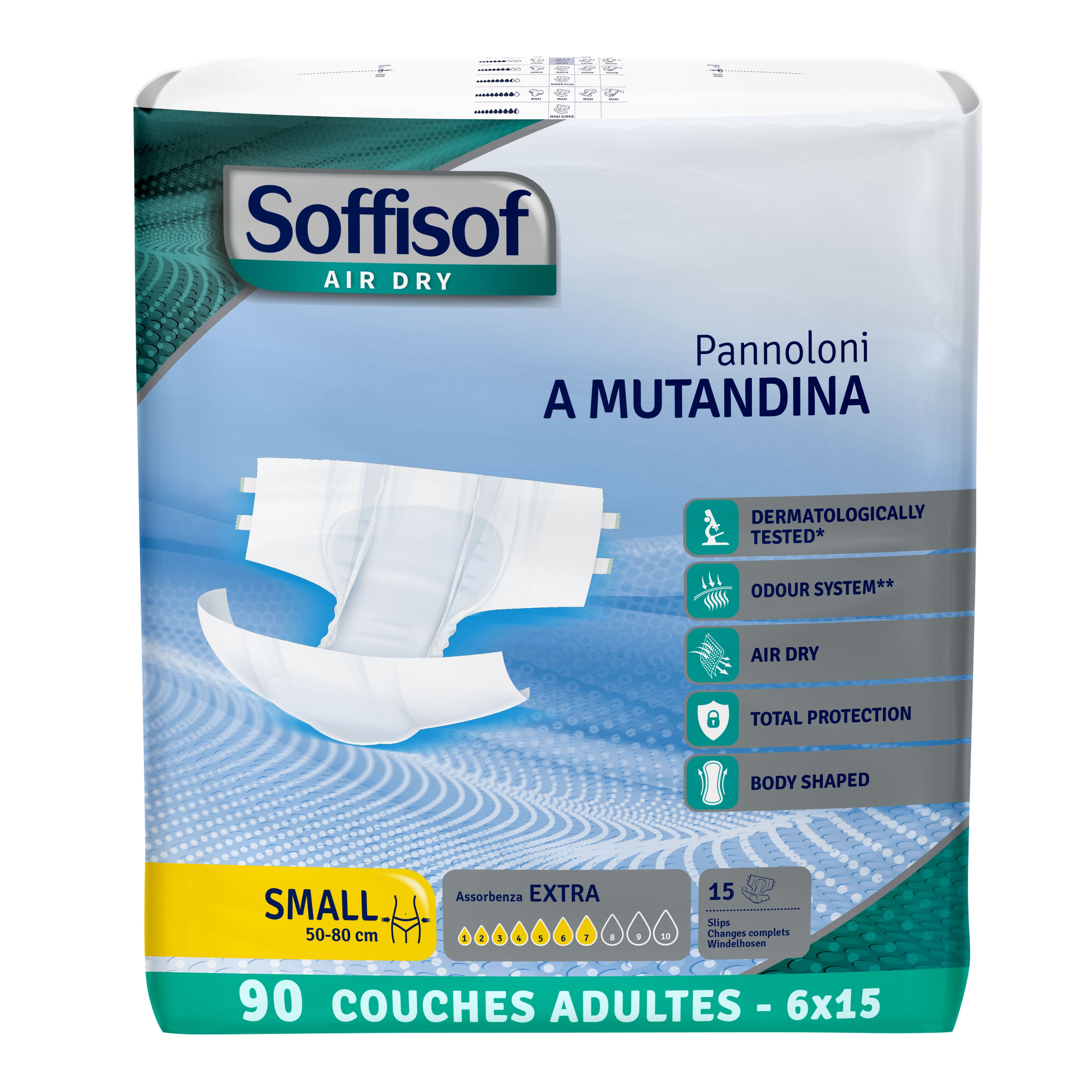 Couches adultes Soffisof Air Dry, taille S. 90 pièces. Testé dermatologiquement, système anti-odeurs.
