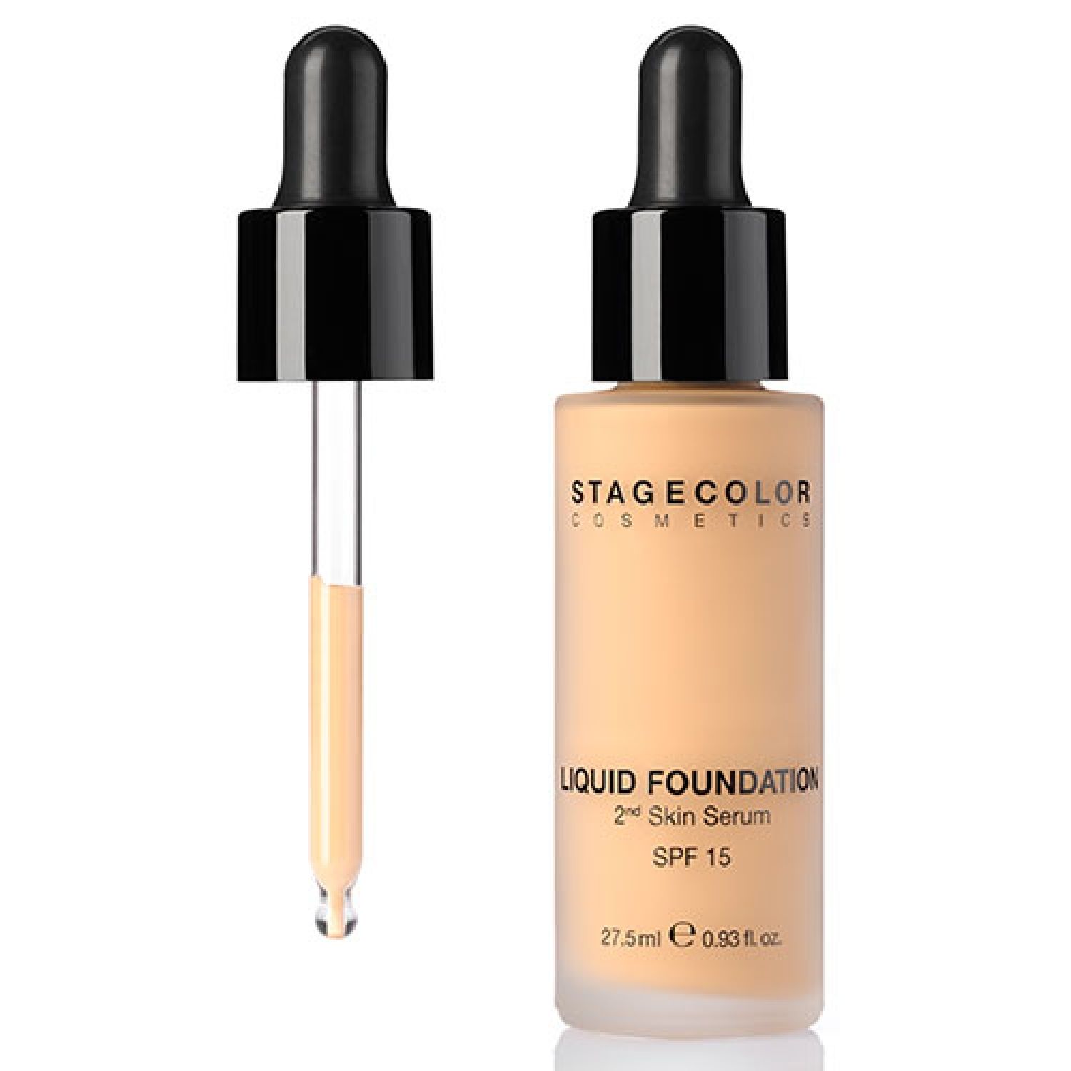 Flüssige Foundation mit Pipette. Aufschrift: Liquid Foundation 2nd Skin Serum SPF 15. Farbton: dark beige.