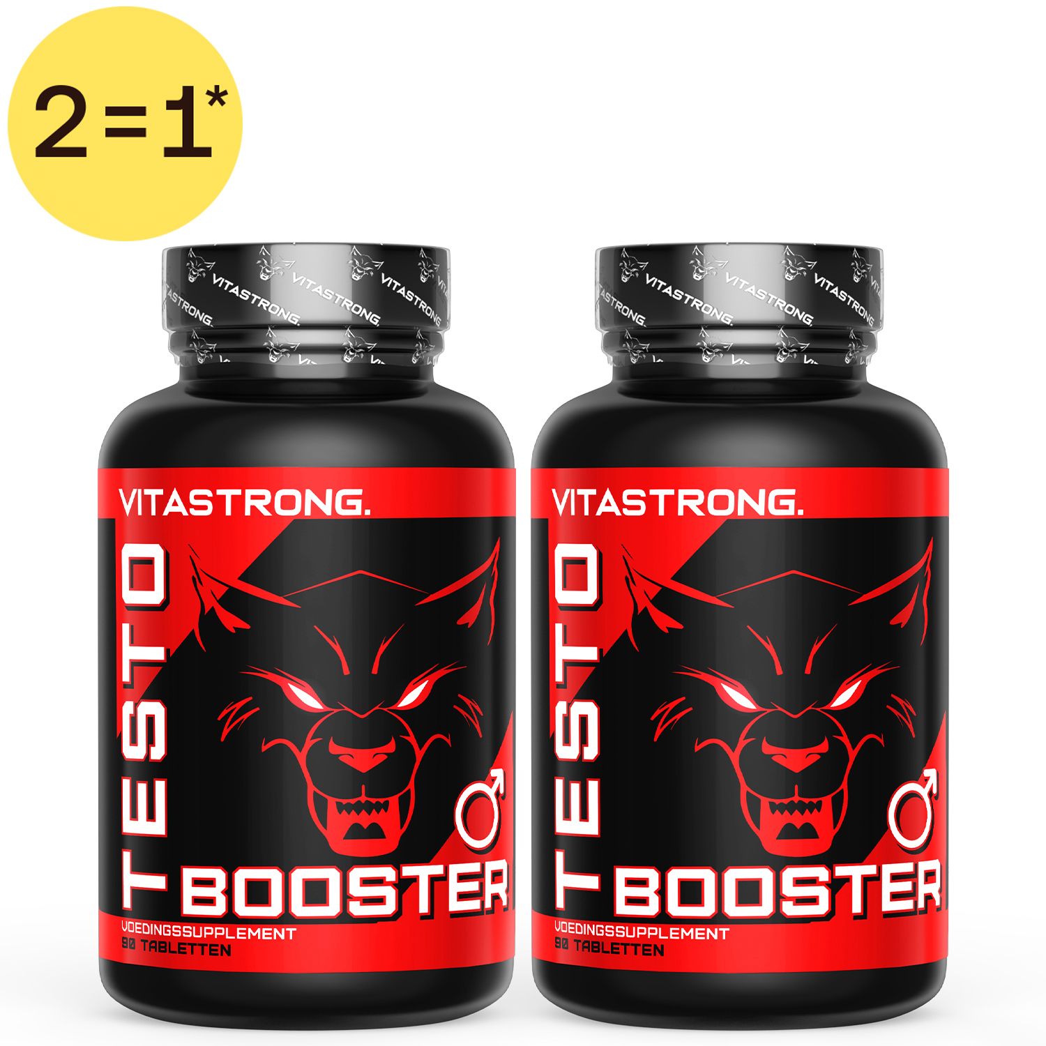 Zwei schwarze Flaschen Vitastrong Testobooster mit rotem Etikett und Wolfskopf-Design.