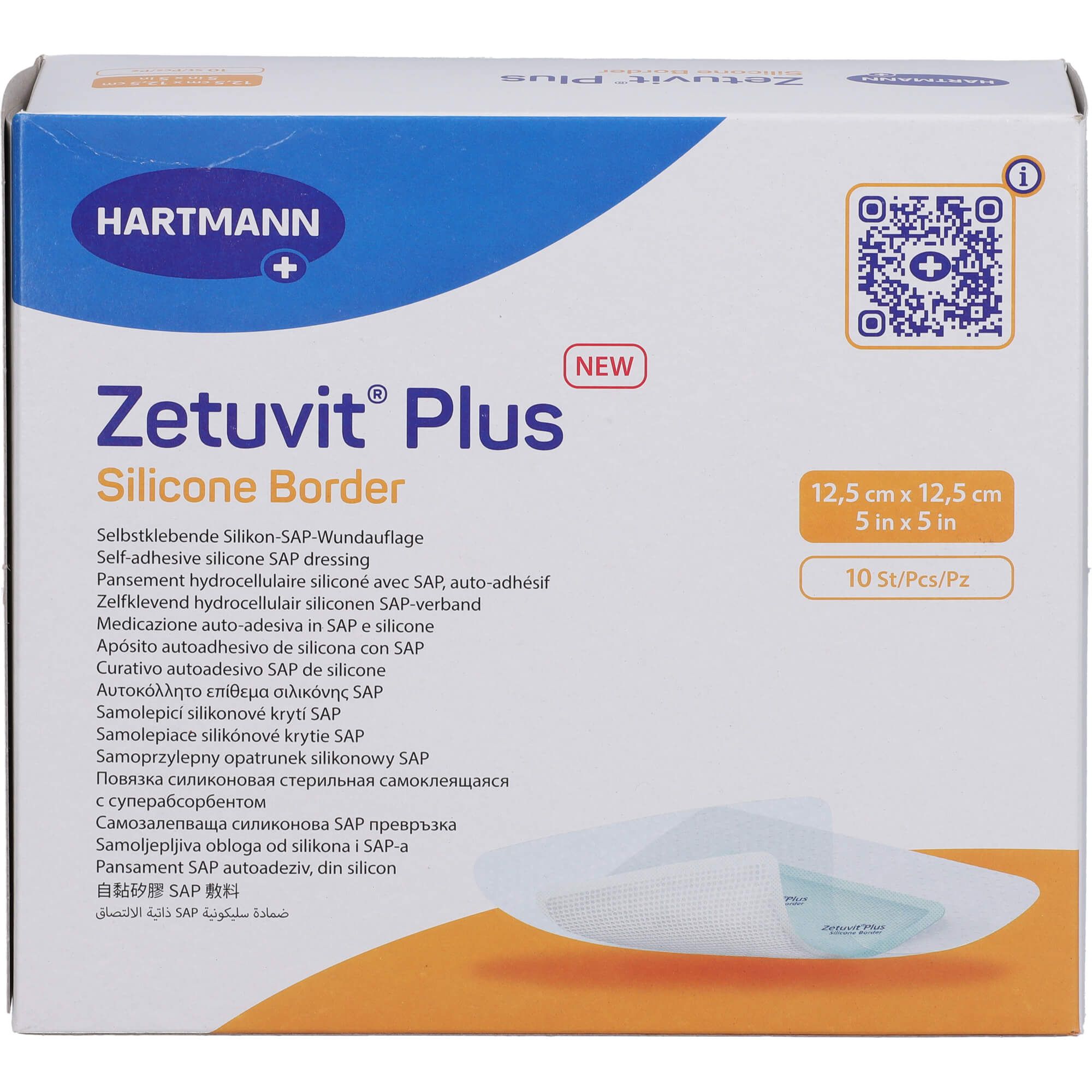 Verpackung von Zetuvit® Plus Silicone Border. Größe: 12,5 x 12,5 cm. Marke Hartmann. 10 Stück.