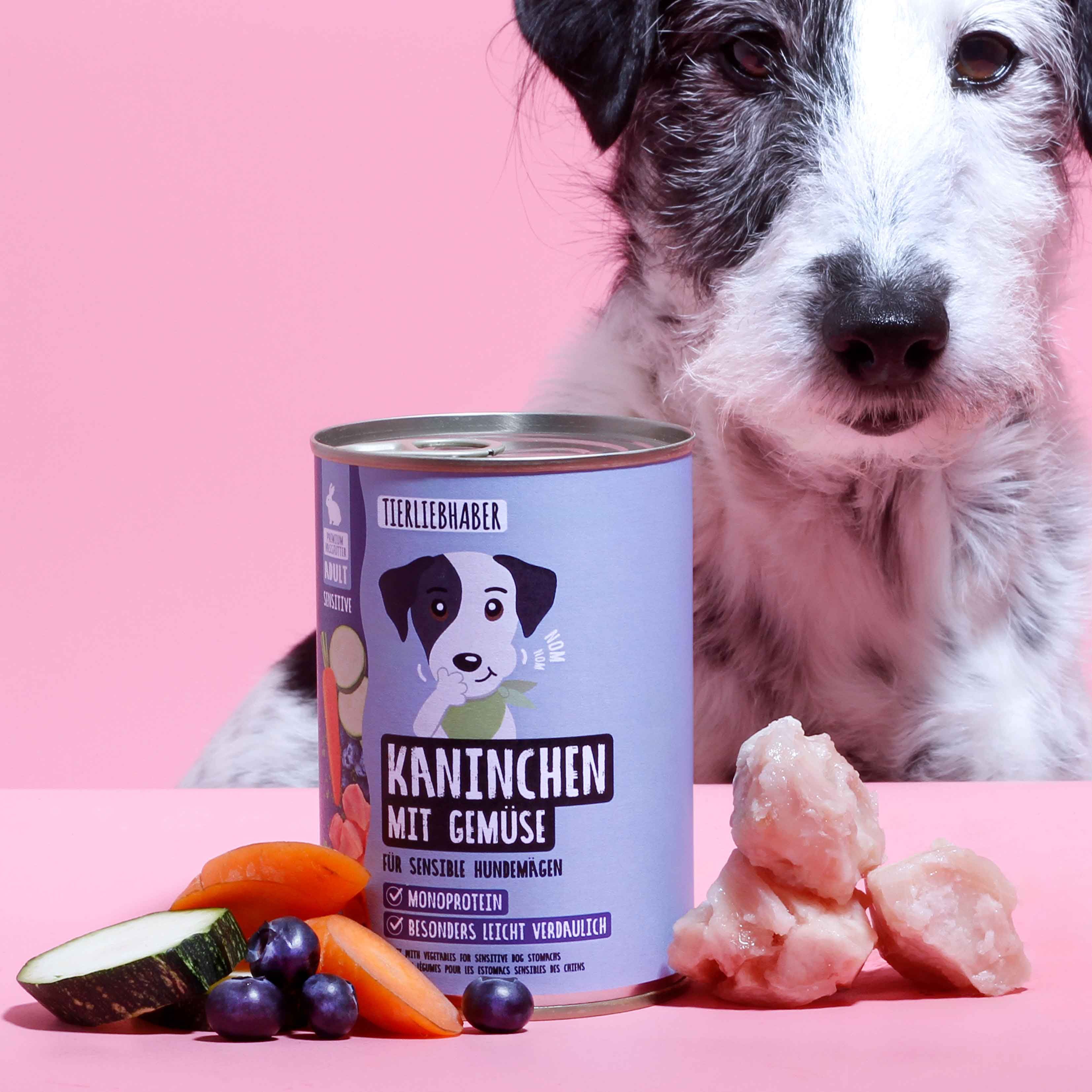 Hundefutterdose mit Kaninchen und Gemüse. Dose mit Etikett, Hund, Gemüse und Fleischstücken auf rosa Untergrund.