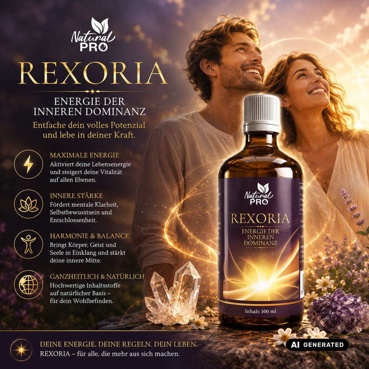 Rexoria Balance Essenz Flasche mit einem Mann und einer Frau im Hintergrund, die in die Sonne blicken.