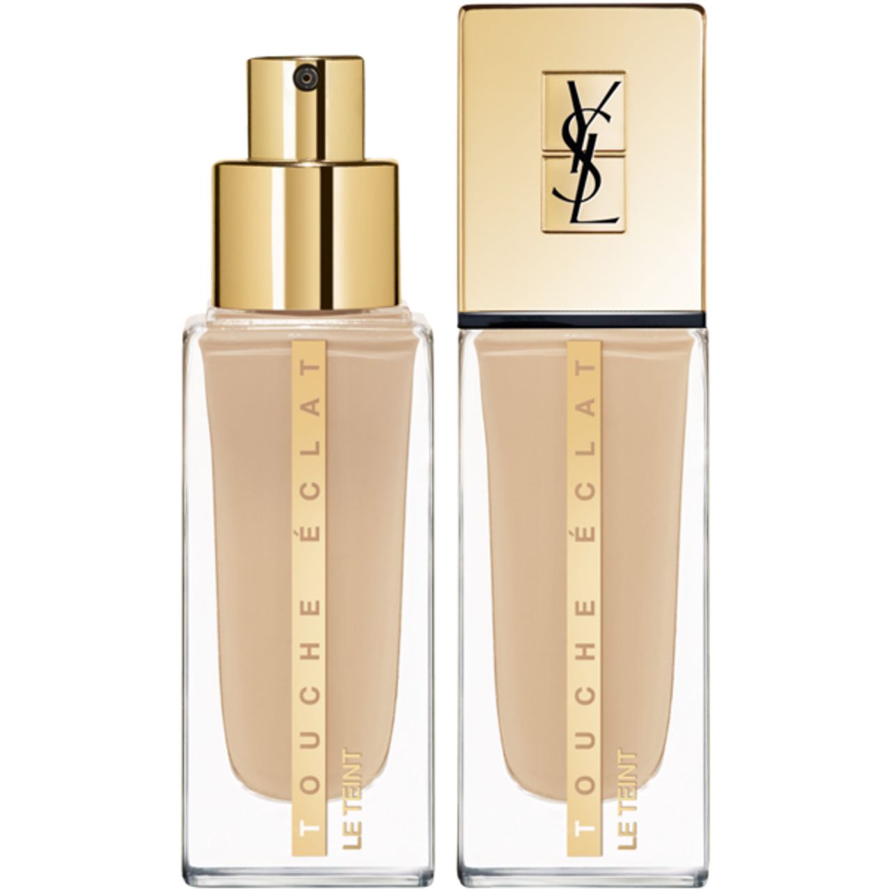 Zwei Flakons Yves Saint Laurent Touche Éclat Le Teint. Goldfarbene Deckel, transparente Behälter mit beiger Flüssigkeit. Schriftzug auf der Vorderseite.