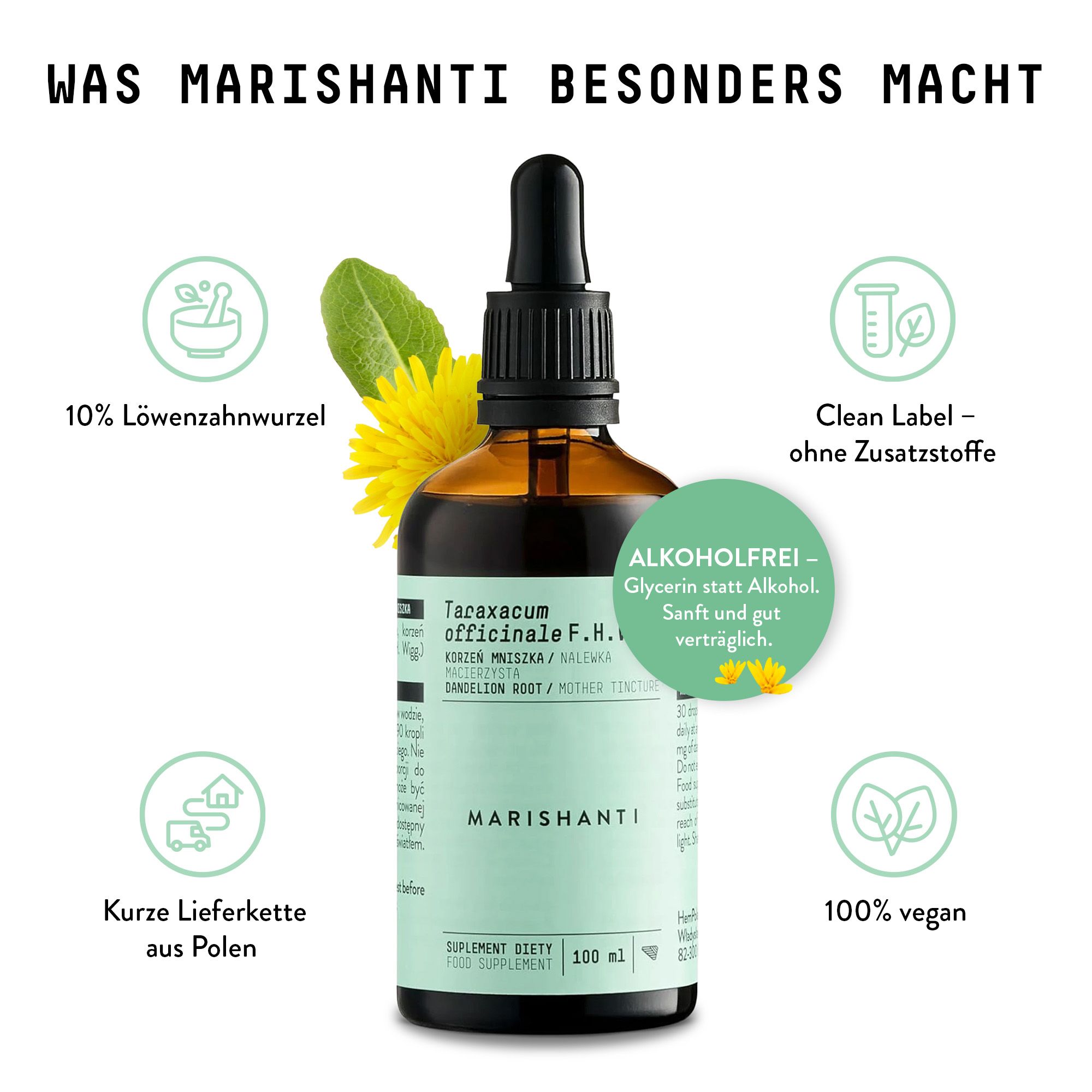 Braune Flasche mit Tropfer. Text: Marishanti, Löwenzahnwurzel Extrakt. 100% vegan, ohne Zusatzstoffe, alkoholfrei.