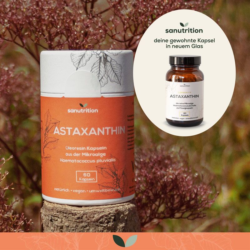 Zylindrische Verpackung mit "sanutrition" und "Astaxanthin". 60 Kapseln. Daneben eine Flasche Astaxanthin im Glas.