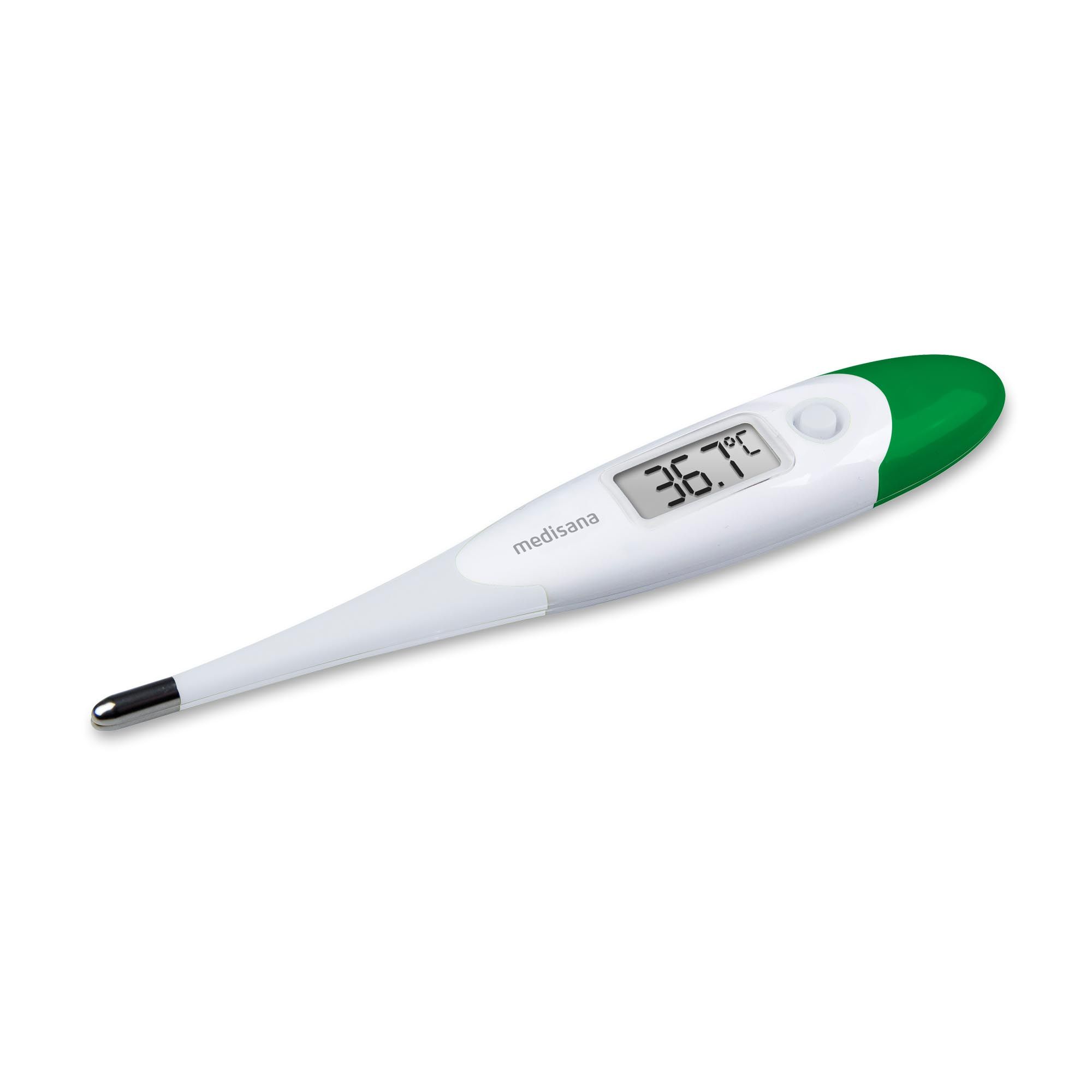 Digitales Fieberthermometer mit weißem Gehäuse, grünem Kappe und LCD-Anzeige.