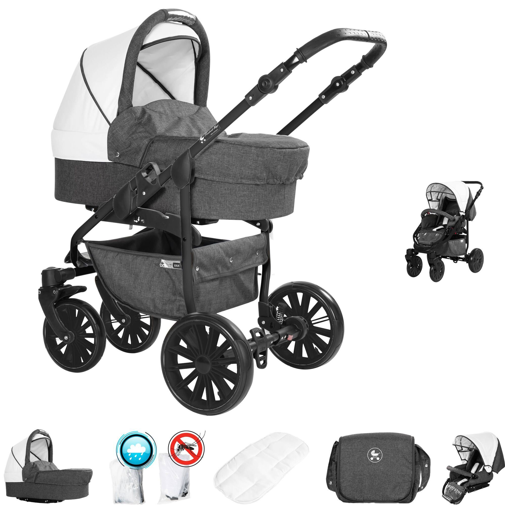 Friedrich Hugo Berlin 2 in 1 Kinderwagen Luftreifen, Dark Grey and White Night