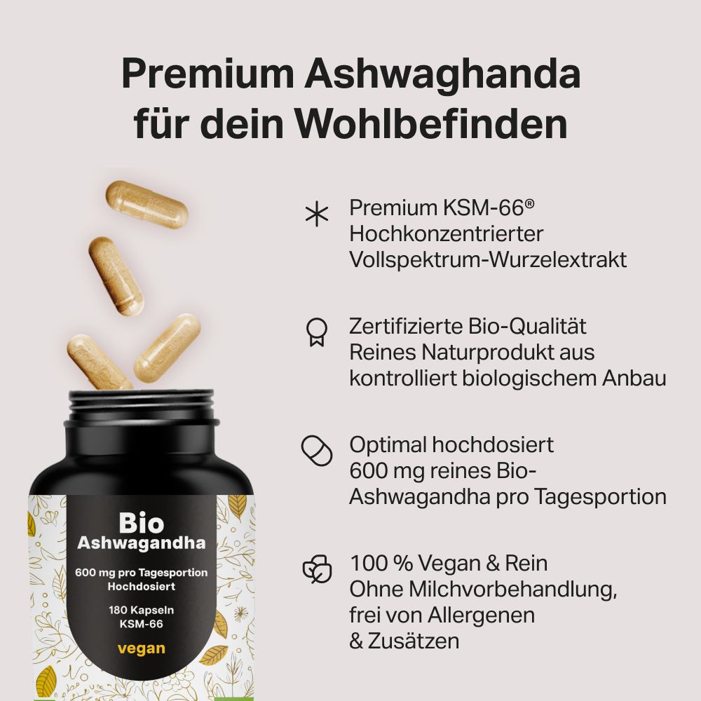 Drei Ashwagandha Kapseln neben einem offenen Behälter, KSM-66, vegan, Bloom Naturals.