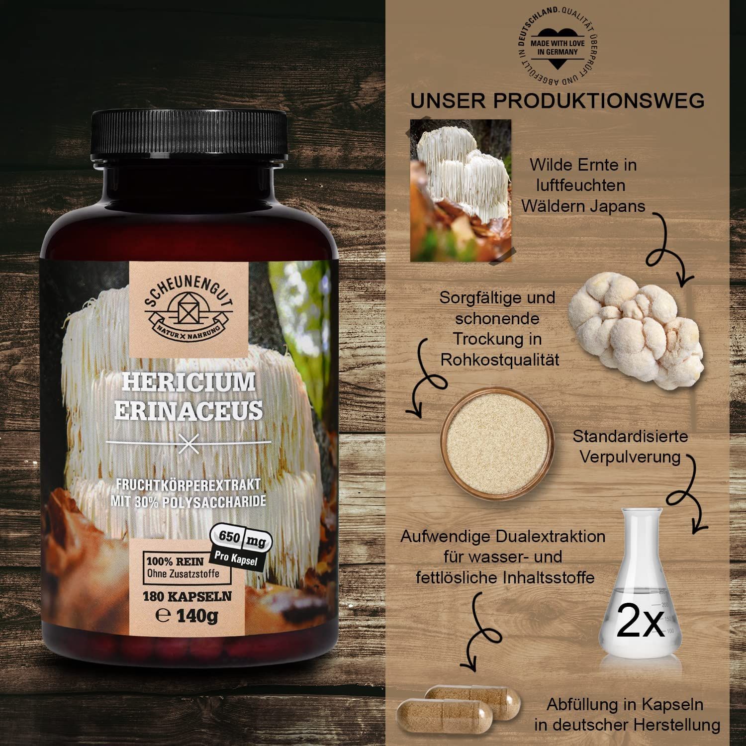 Scheunengut® Lions Mane | hochdosierter Hericium Erinaceus Extrakt 30:1 30% Polysaccharide 180 St Kapseln