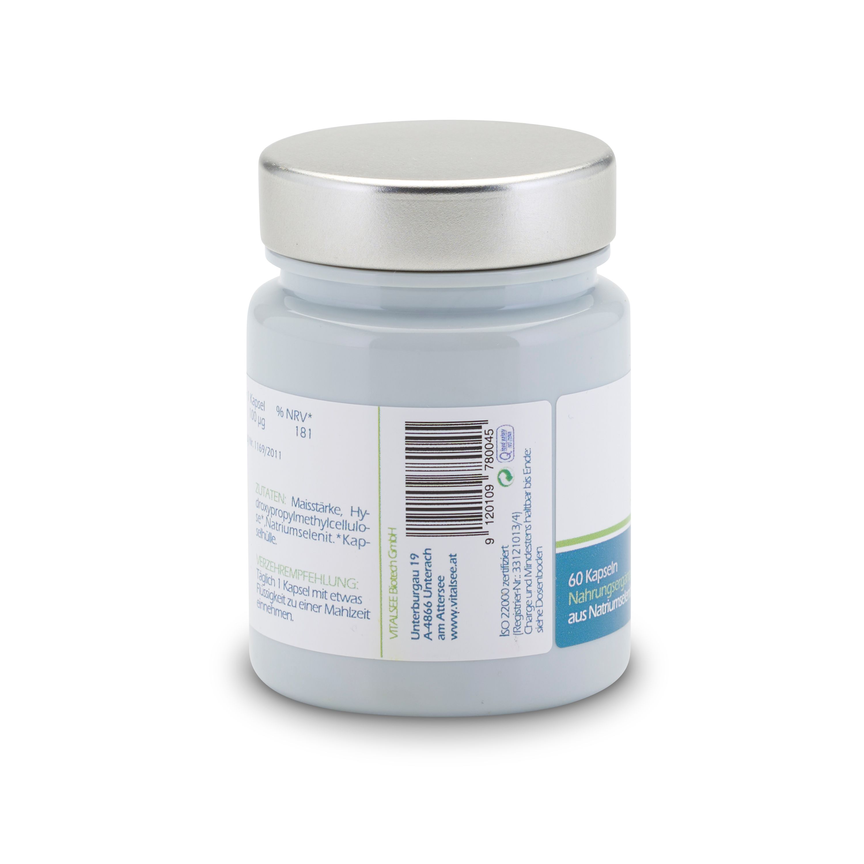 Rückseite der grauen Flasche mit silbernem Deckel. Barcode und Text auf weißem Etikett.