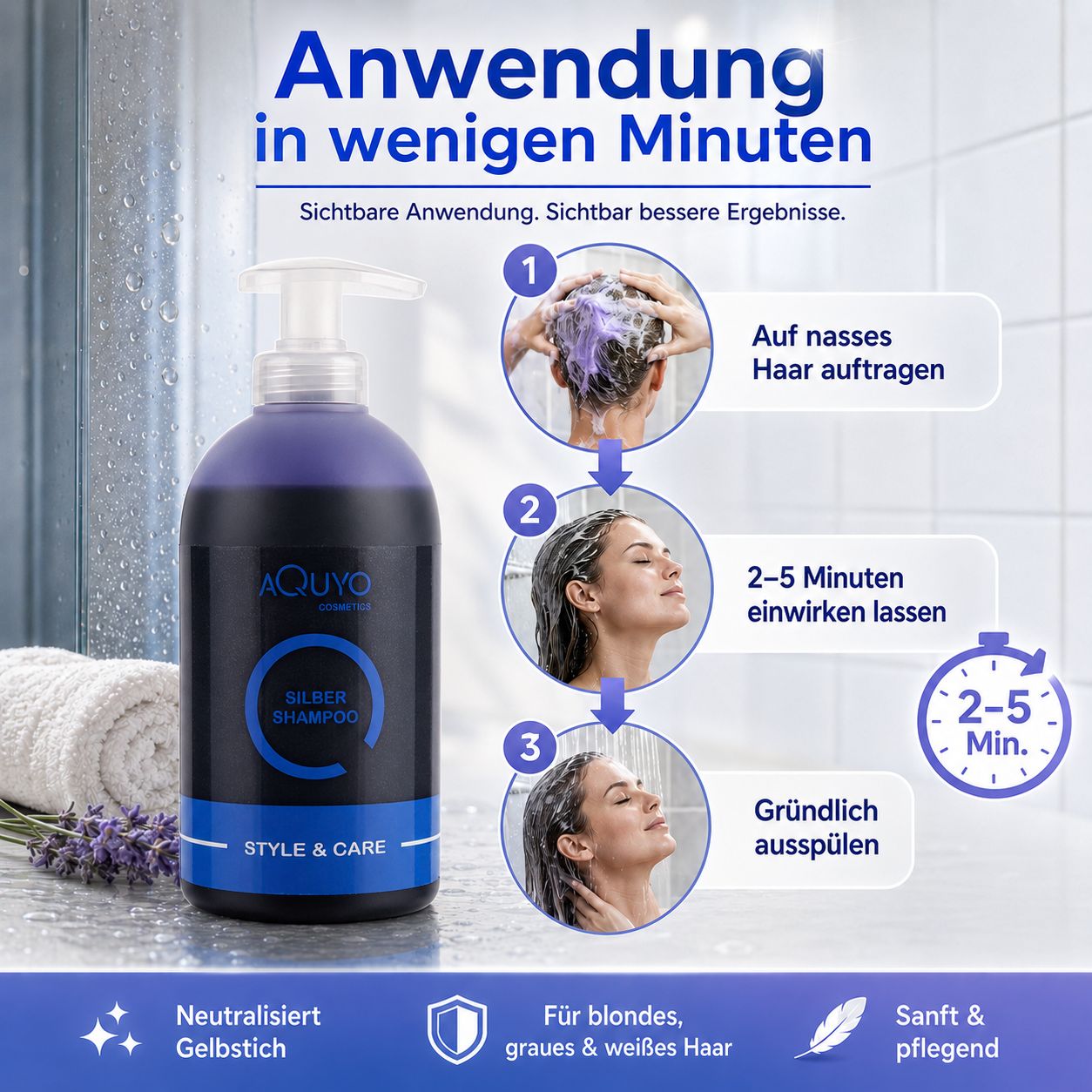 Shampoo-Flasche. Anwendung in wenigen Minuten. Schritte: Auftragen, einwirken lassen, ausspülen. Produktname: Style & Care Silber Shampoo.