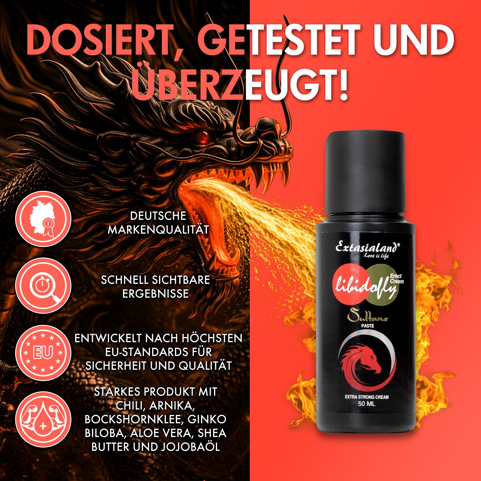 Produktflasche, Drachenhintergrund. Aufschrift: Libidofly Sultans Paste. Text: Dosiert, getestet und überzeugt!