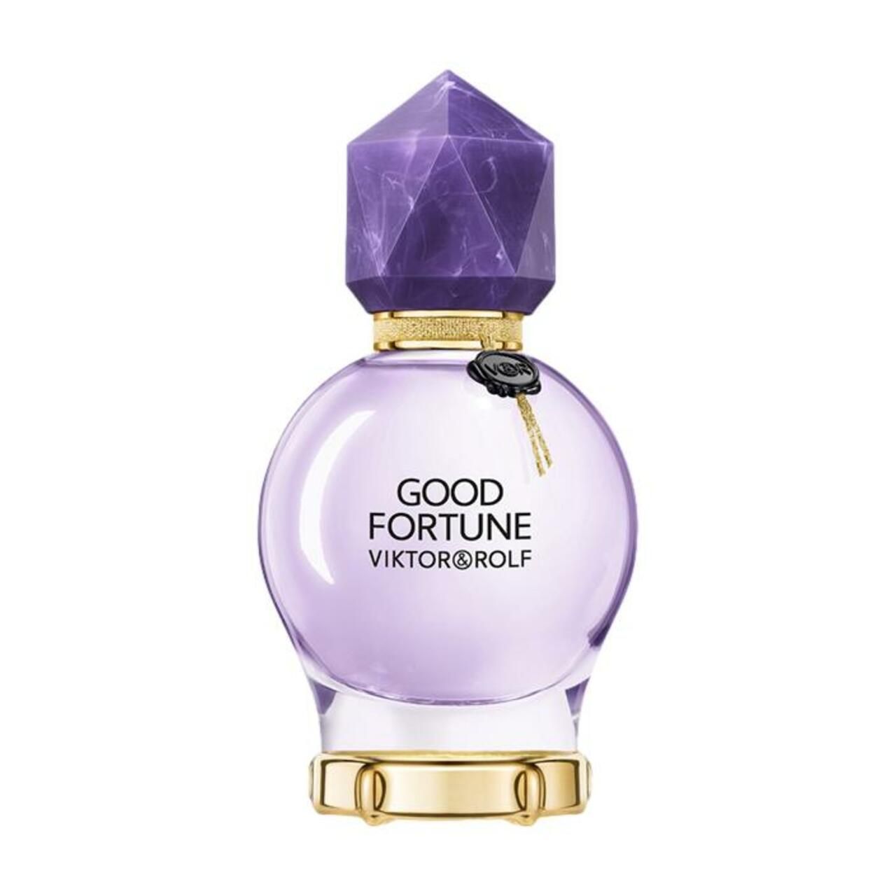 Runder, violetter Flakon mit facettiertem Deckel. Goldener Ring am Hals. Aufschrift: GOOD FORTUNE VIKTOR & ROLF.