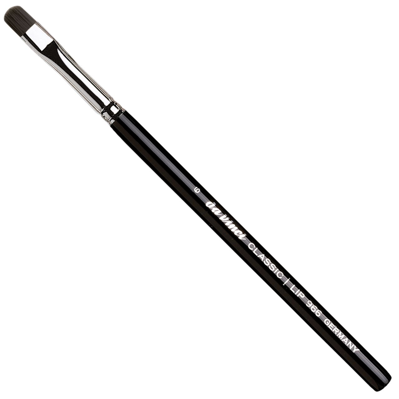 Lippenpinsel mit schwarzem Stiel, silberner Zwinge und flachem, rechteckigem Pinselkopf. Aufschrift: Da Vinci Classic Lip 966 Germany.