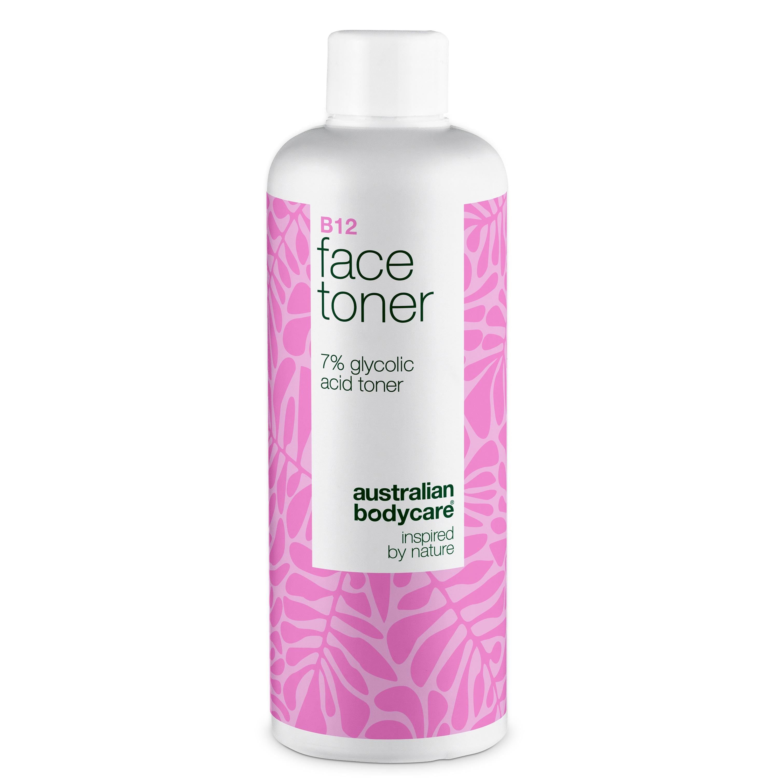 Weiße Flasche mit rosa Aufdruck. Enthält B12 Face Toner. Aufschrift: 7% Glykolsäure Toner. Marke: Australian Bodycare.
