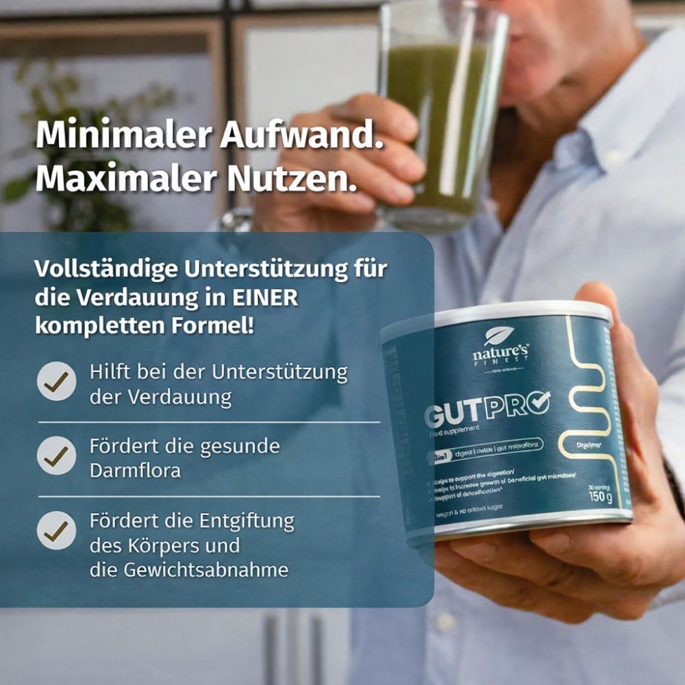 Mann hält Dose Nature's Finest GutPRO. Text: Vollständige Unterstützung für die Verdauung. Logo: Nature's Finest. Dose: Türkis, weißer Deckel. Glas mit Getränk.