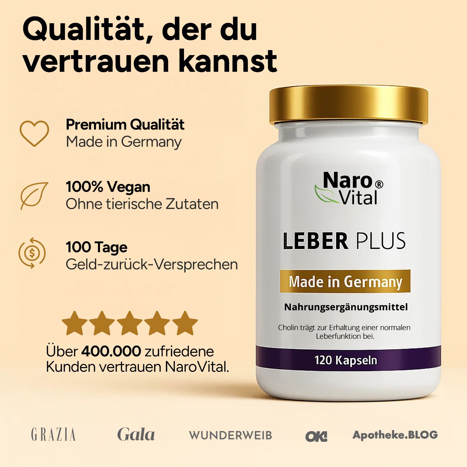 Flasche mit LEBER PLUS. Logo Naro Vital. 100% Vegan. 100 Tage Geld-zurück-Versprechen. Über 400.000 zufriedene Kunden.