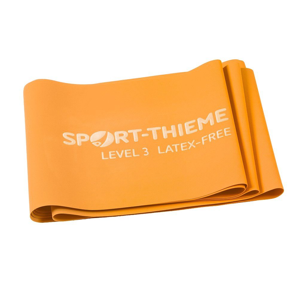 Orangenes Fitnessband, gefaltet. Aufdruck: Sport-Thieme, Level 3, latexfrei.