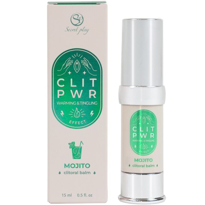 Produkt und Verpackung. Aufschrift: CLIT PWR Mojito. Flasche mit silberner Kappe. 15 ml. Grün-weißes Design.