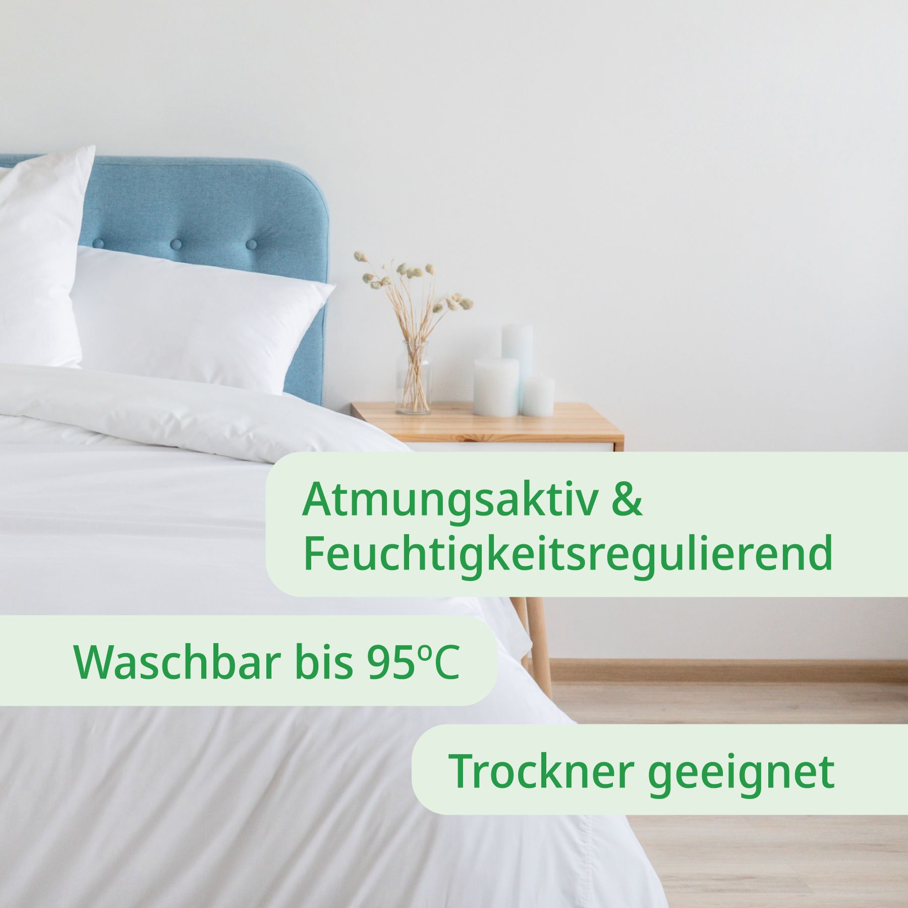 Weißes Bett mit Kissen. Text: Atmungsaktiv & feuchtigkeitsregulierend, Waschbar bis 95°C, Trockner geeignet.