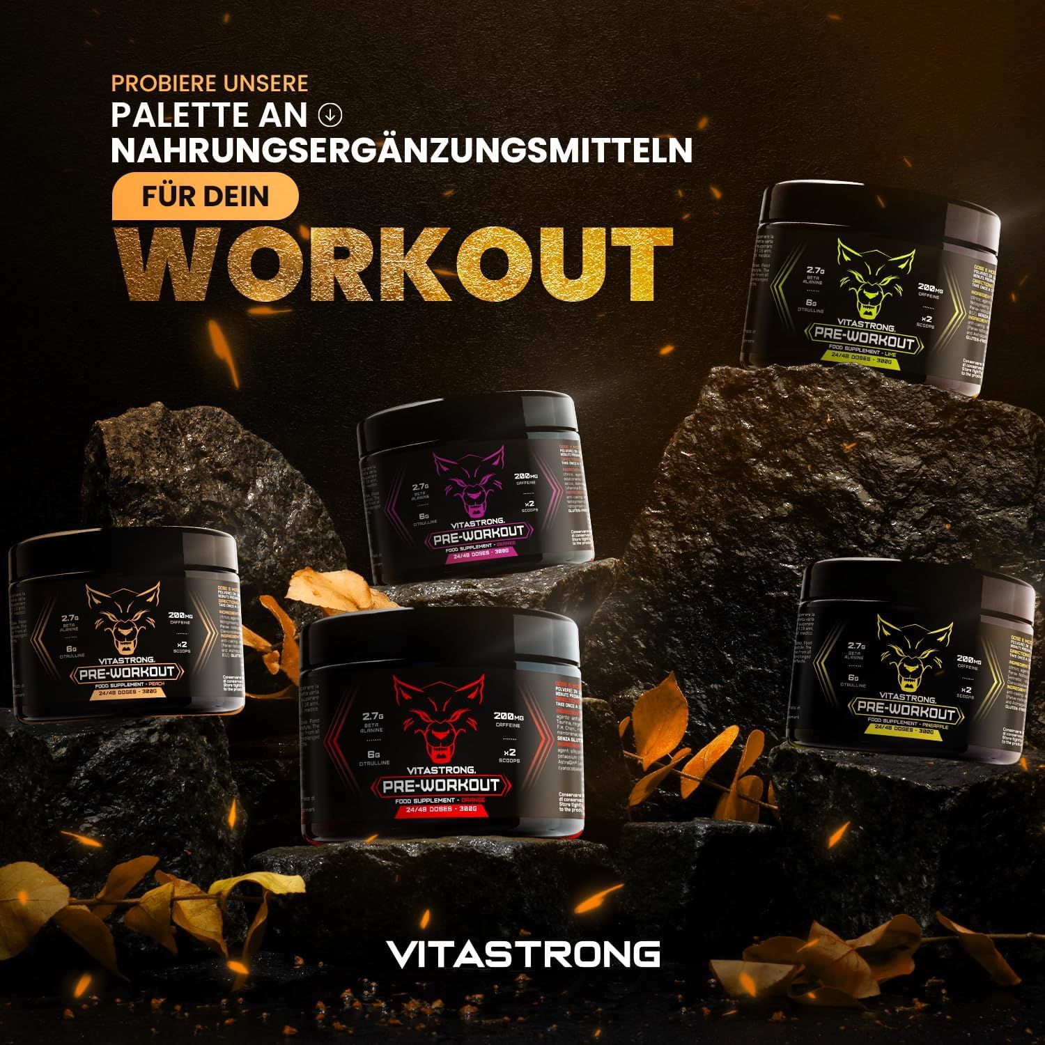 Mehrere Dosen Vitastrong Pre-Workout. Aufschrift: 2.7g Beta Alanin, 200mg Koffein, 6g Citrullin. Verschiedene Geschmacksrichtungen.