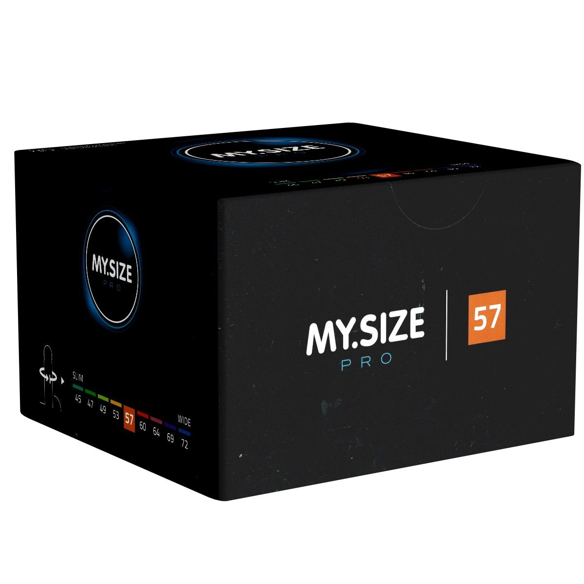 Schwarze Verpackung mit "MY.SIZE PRO" Logo. Größenangaben von 45 bis 72 mm. Größe 57 hervorgehoben.
