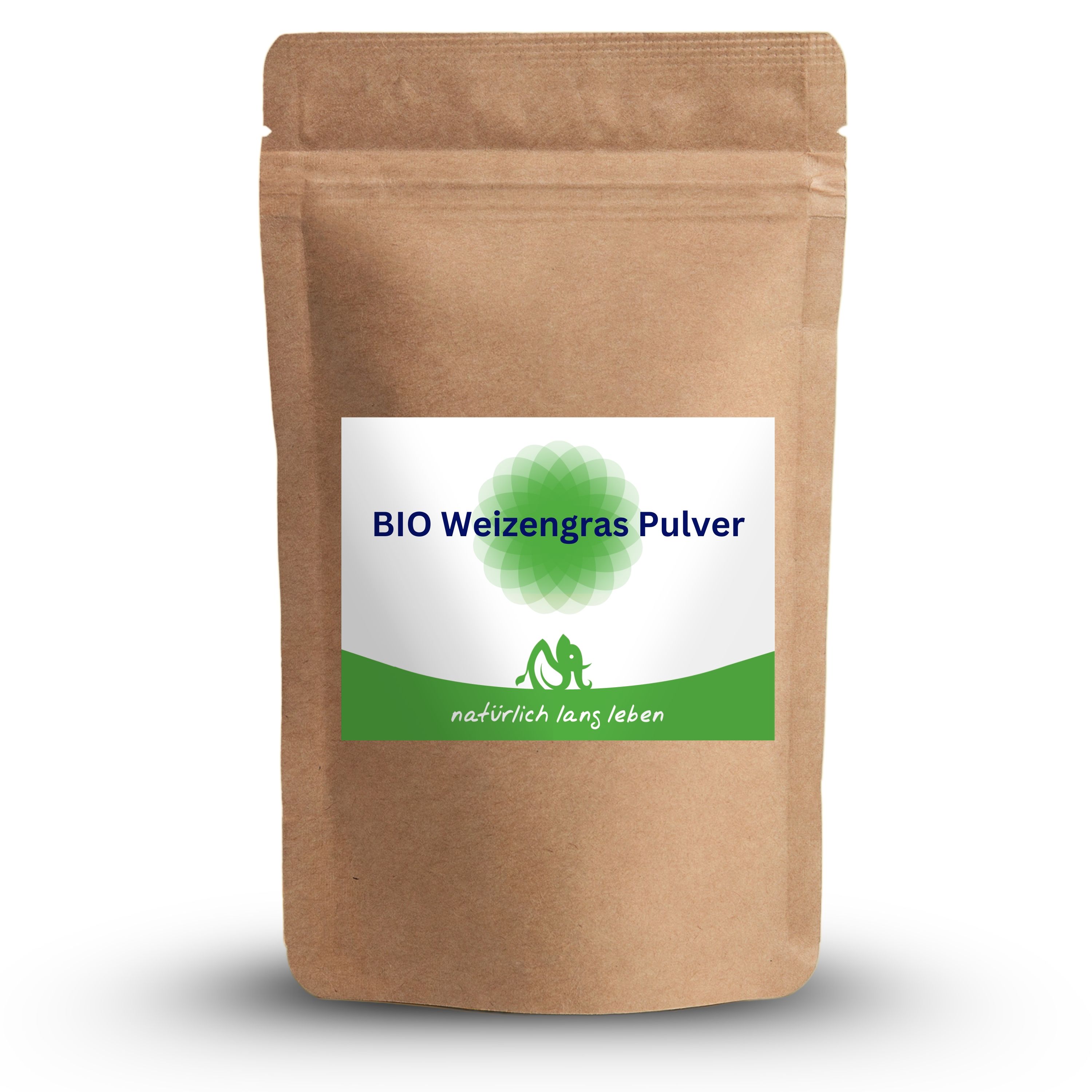 Beutel mit BIO Weizengras Pulver. Aufkleber mit Produktname, Logo und Schriftzug 'natürlich lang leben'.