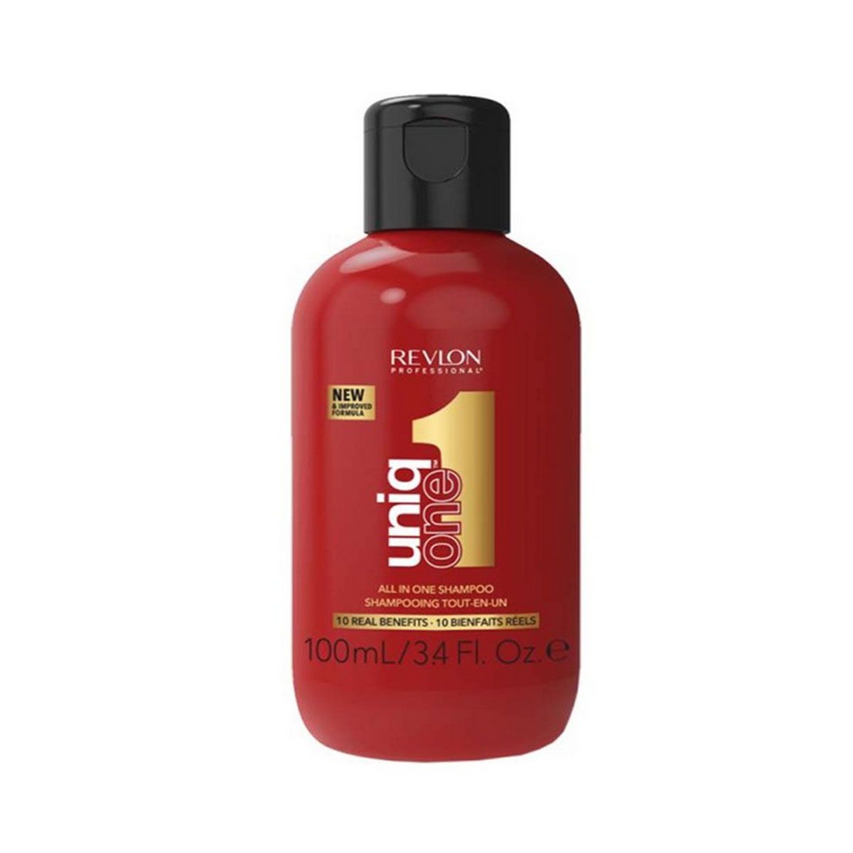 Rote Flasche Revlon Uniq One Shampoo mit schwarzem Pumpspender, 100ml.
