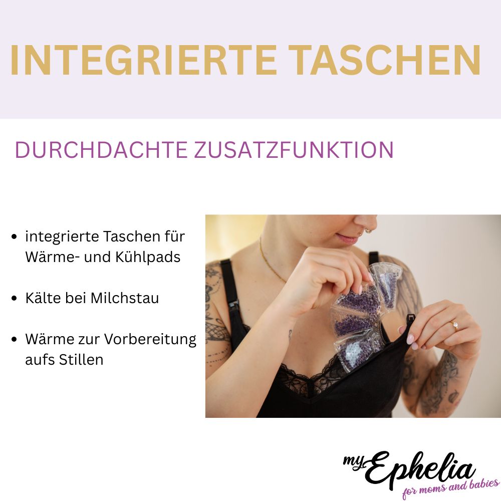 Schwarzer Still-BH mit Spitze. Integrierte Taschen für Wärme- und Kühlpads. myEphelia Logo.