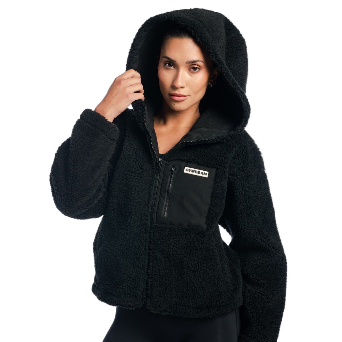GymBeam Jacke Damen Sherpa Oversized mit Kapuze und Reißverschlusstaschen in Schwarz