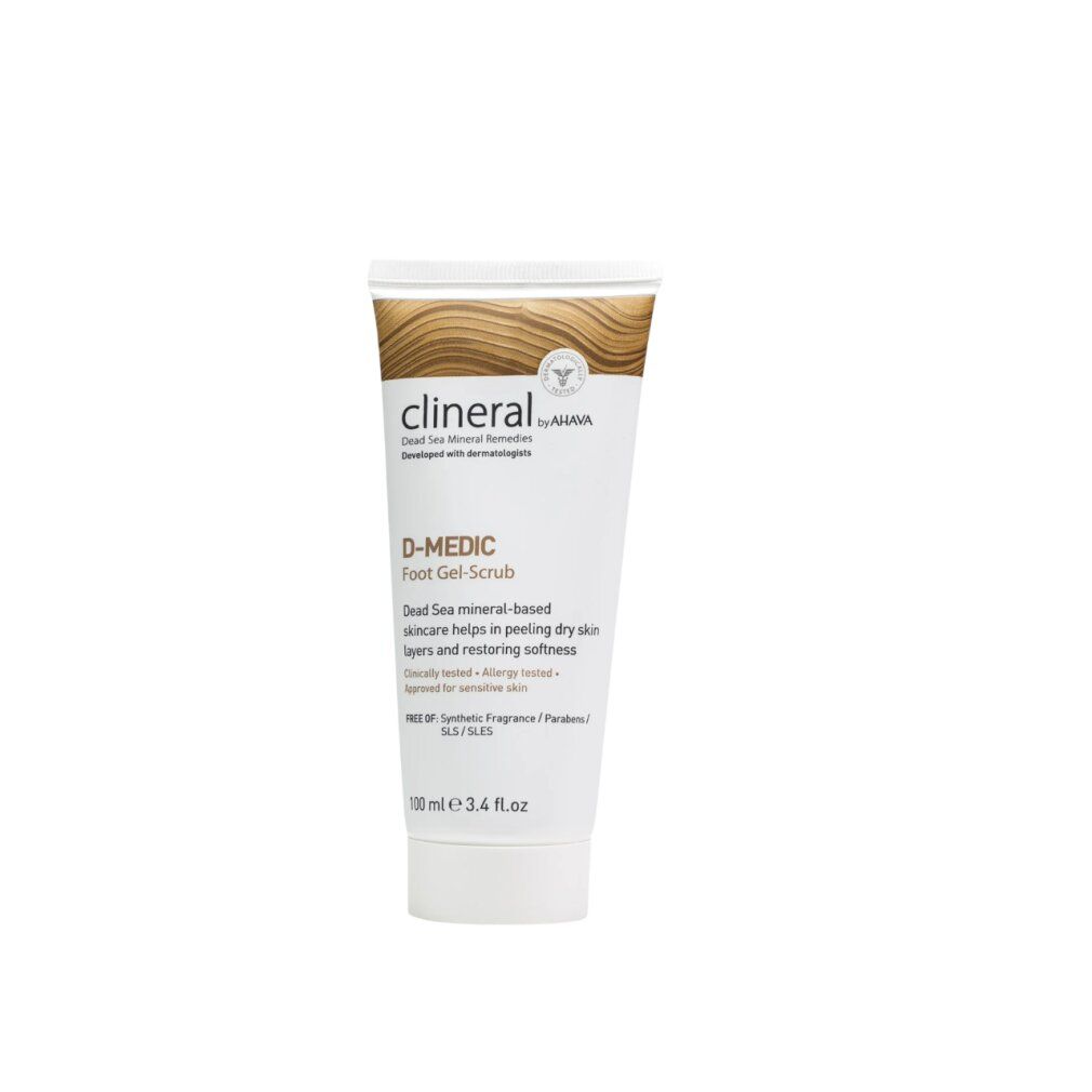 Weiß-beige Tube mit Produktnamen und Text. Oben braunes Wellenmuster. Logo und Schriftzug Clineral.