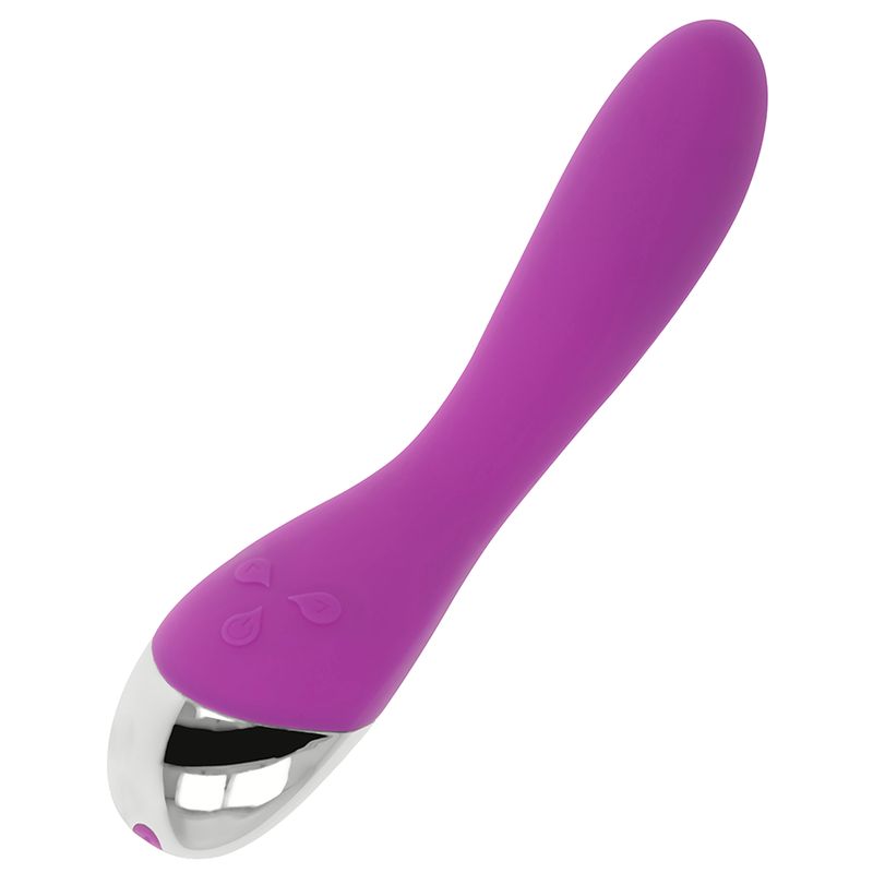 Lila Vibrator mit silberfarbenem Ende. Tropfenförmige Knöpfe. Glatte Oberfläche.