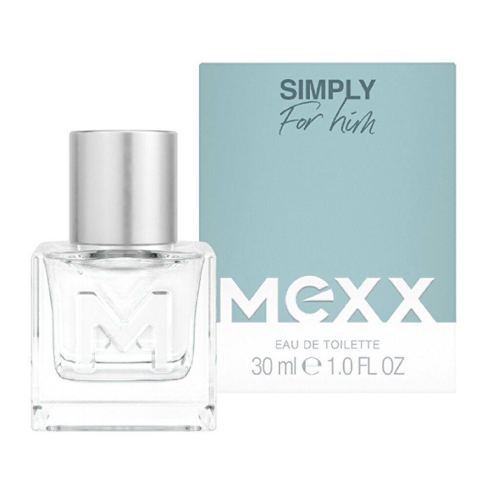 Glasflakon und Verpackung. Aufschrift: MEXX SIMPLY For him. 30 ml.