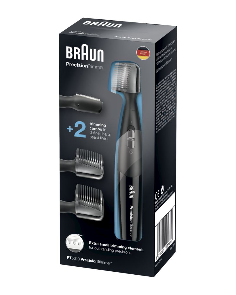 Verpackung des Braun Präzisionstrimmers PT5010. Enthält Trimmer und Zubehör. Text: "Braun Precision Trimmer".