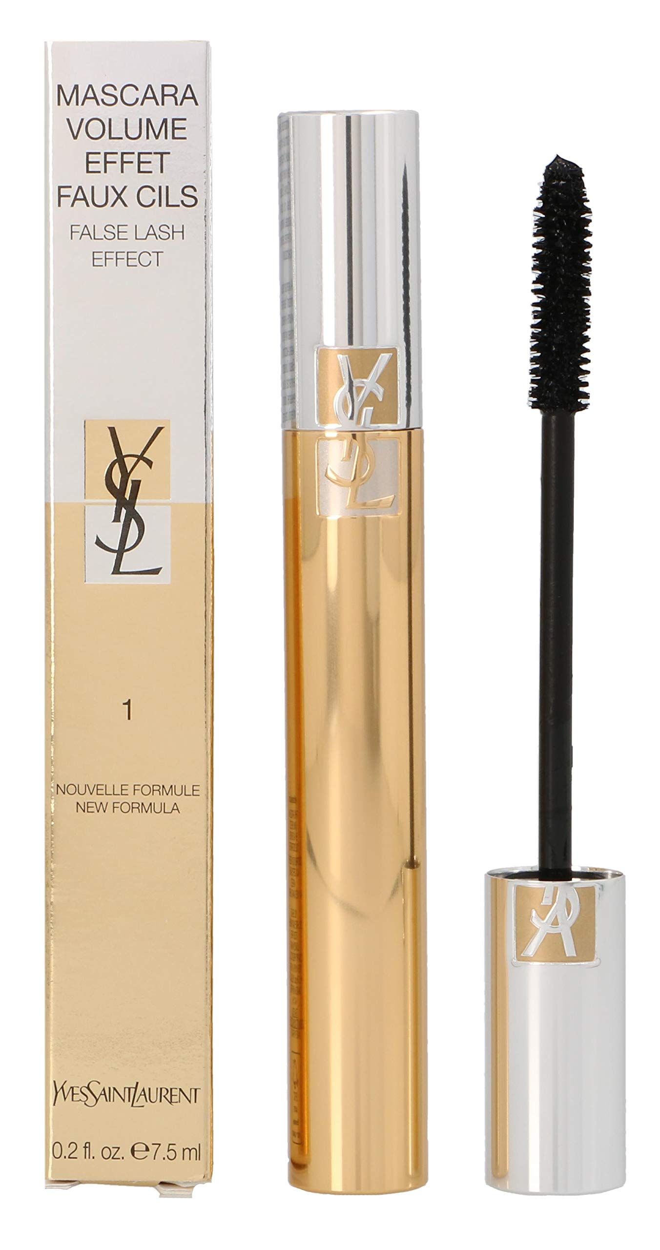 Mascara-Tube, goldfarben, silberne Kappe, schwarze Bürste. YSL-Logo. Karton mit Produktnamen und Logo.