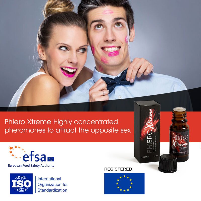 Braune Flasche und schwarze Schachtel mit roter Schrift. Aufschrift: Phiero Xtreme. Logos: EFSA, ISO, EU-Flagge.